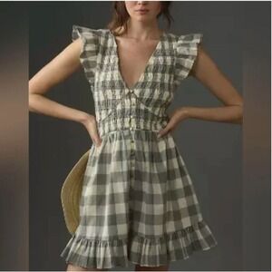Anthropologie Peregrine Mini Dress Med Smocked Flounce Ruffle Grey Plaid cottage
